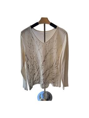 Talbots Cream Branch Tree Gold Metallic Print Long Sleeve V-Neck Top Sz L